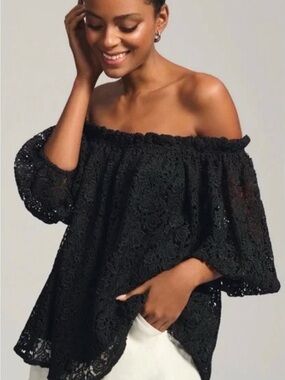 Anthropologie Black Off-Shoulder Lace Peasant Blouse